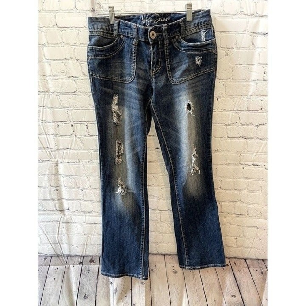 Ariya Jeans Womens Distressed Bootcut Dark Wash Embroidered Denim Size 9/10